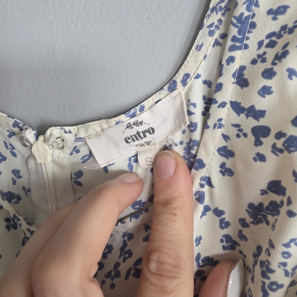 Entro Floral Blue and Cream Dress Anthropolgie Romper Small Boho - Picture 4 of 6